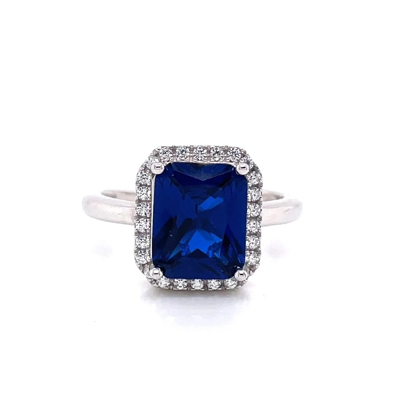 geometric rings for women -Sterling Silver Radiant Cut Sapphire CZ Ring