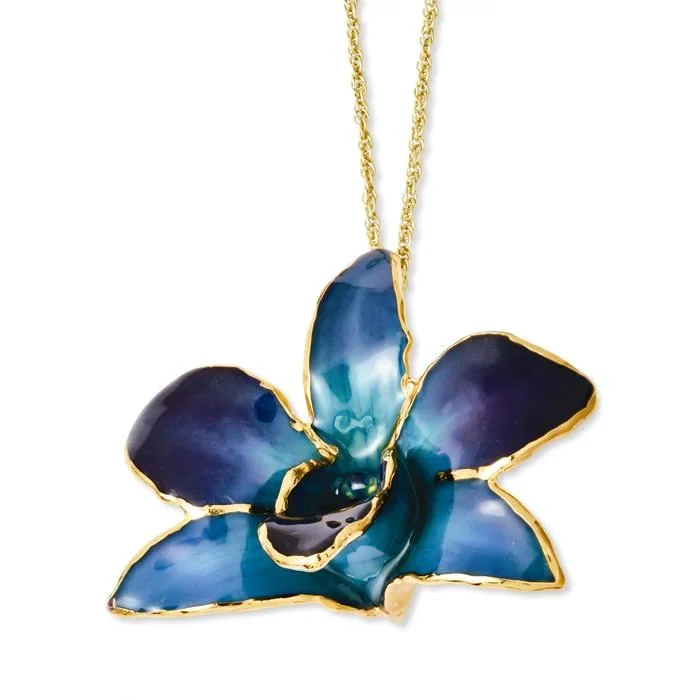 moonstone necklaces for women -Lacquer Dipped Gold Trimmed Blue and Purple Dendrobium Real Orchid Necklace