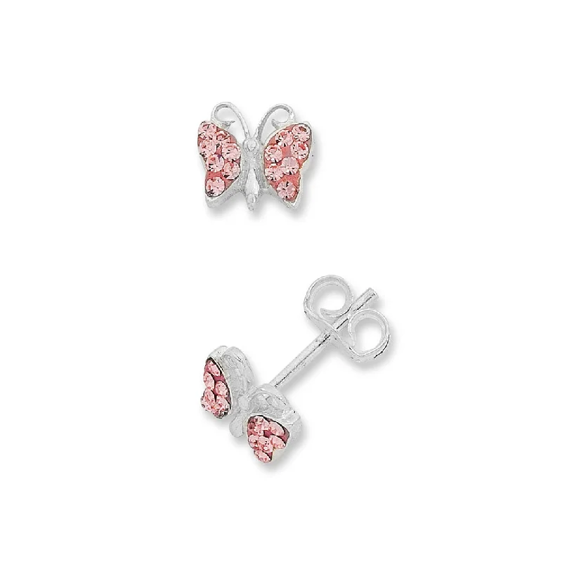 statement hoop earrings for women -Children's Sterling Silver Pink Crystal Butterfly Stud Earrings