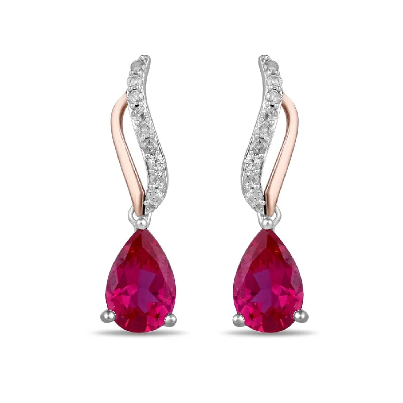 luxury drop earrings for women -Pear Shaped Created Ruby Stud Earrings with 0.15ct of Diamonds in Sterling Silver and 9ct Rose Gold