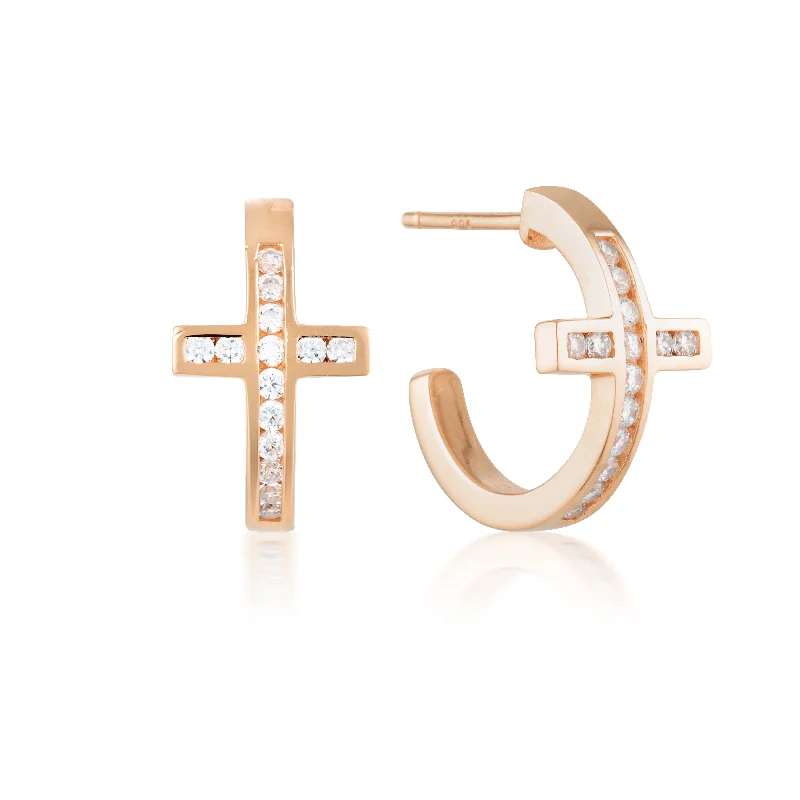 chic crystal earrings for women -Georgini Spiritus Cross Hoop Rose Gold Earrings