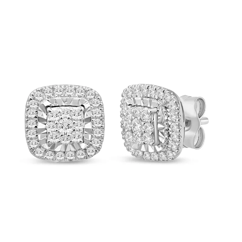 butterfly earrings for women -Halo Square Look Stud Earrings with 1/3ct of Diamonds in 9ct White Gold