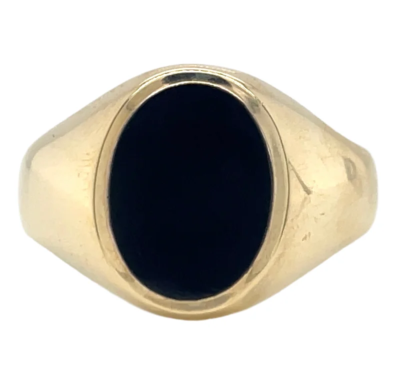 wedding rings for women -Vintage 9ct Yellow Gold Gents Oval Black Onyx Signet Ring