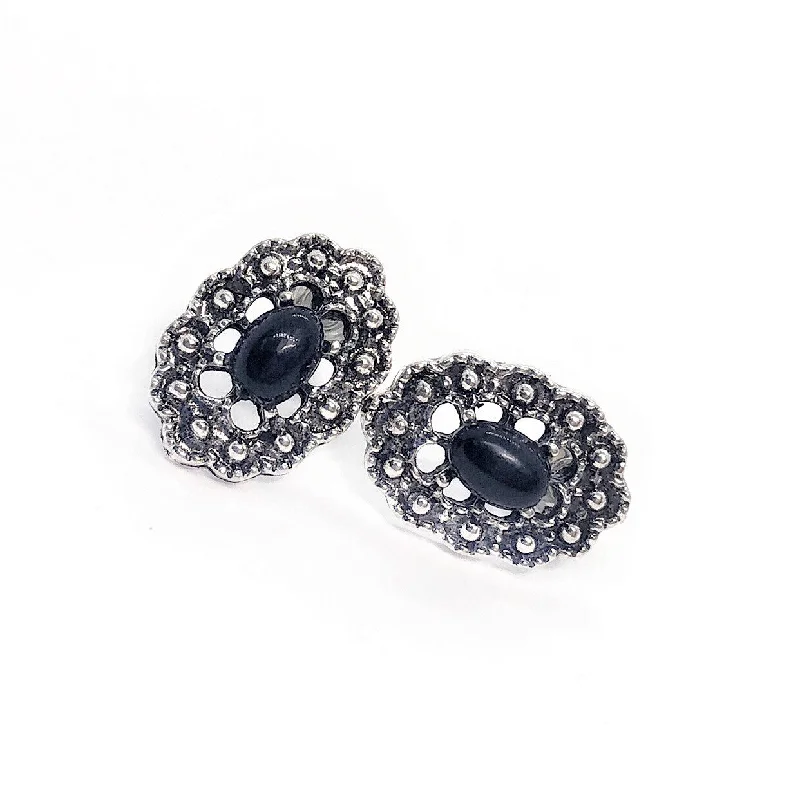 sterling silver earrings for women -Empire Black Oval Medallion Stud Earrings