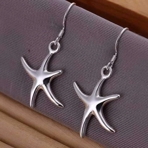 sparkling earrings for women -Whimsical Silver Starfish Dangling Earrings