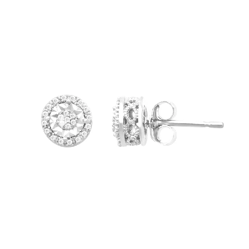 contemporary earrings for women -Sterling Silver 0.10ct Diamond Miracle Plate Halo Stud Earrings