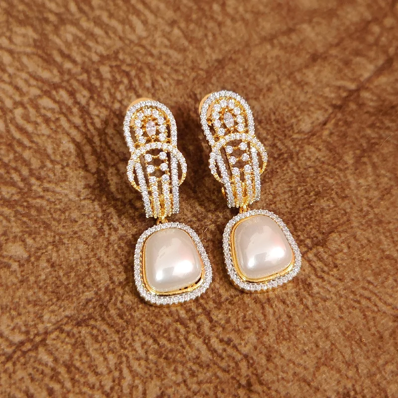 trendy stud earrings for women -DIAMOND PATTERN GOLD PLATED SHELL PEARL J-HOOP EARRINGS