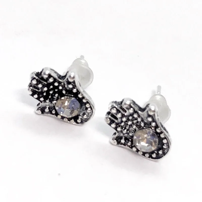 dangling pearl earrings for women -Bohemia Silver Hamsa Stud Earrings