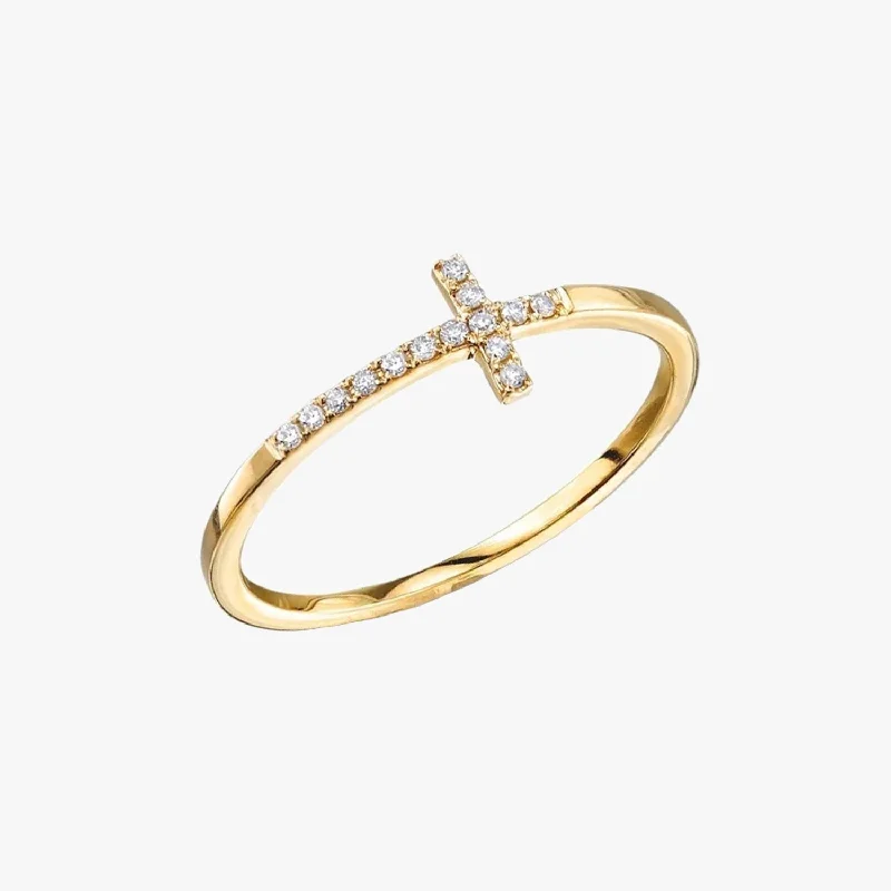 yellow gold rings for women -Sideway Pave Cross Ring