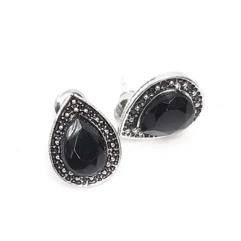 crystal drop earrings for women -Marcasite Black Pear Halo Stud Earrings