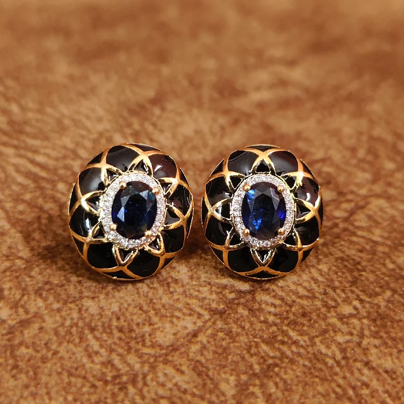 rose gold earrings for women -BLUE SAPPHIRE CZ STUDDED OVAL MEENAKARI STUDS