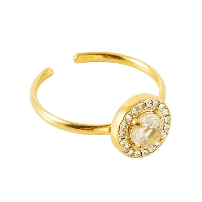 handmade engagement rings -Gold-Plated Round Crystal Ring – Adjustable Prong-Set Fashion Ring