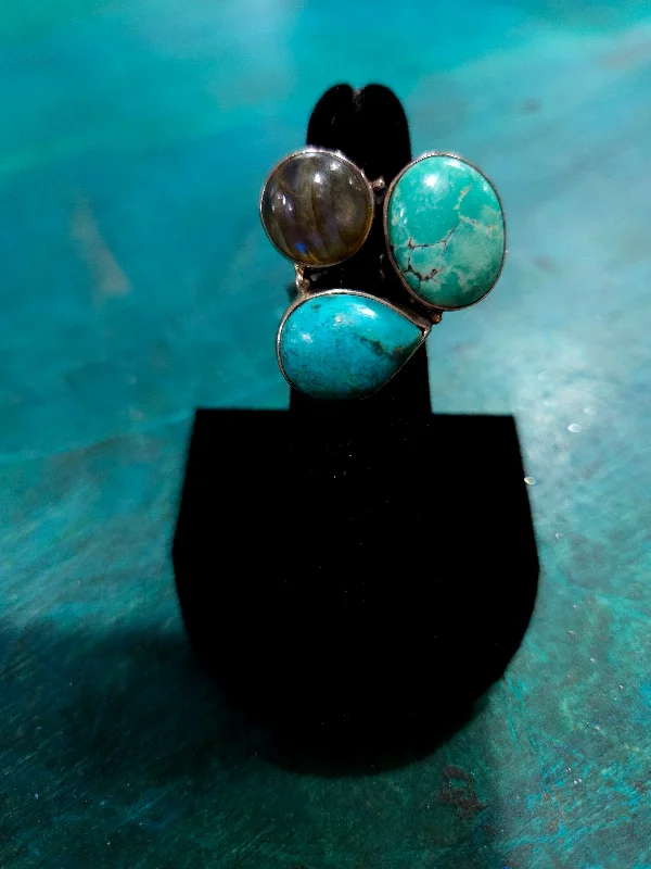 adjustable rings for women -Stirling Silver Turquoise And Labradorite Ring Size 6.5