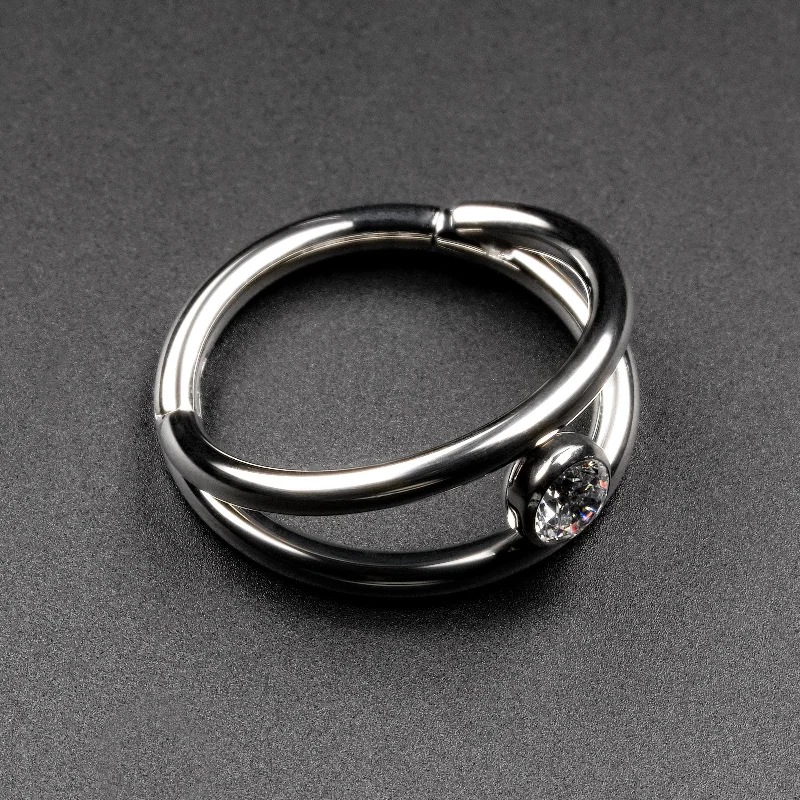 custom diamond rings for women -Double Hoop Single Jewel Titanium Hinged Segment Ring