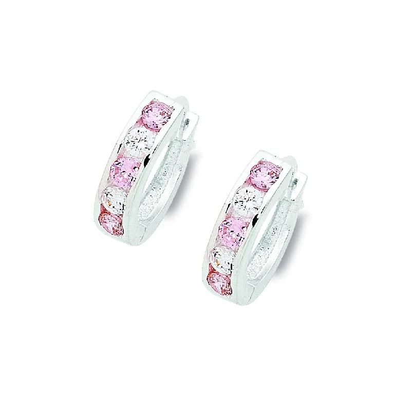 unique earrings for women -Sterling Silver Alternating Pink and White Cubic Zirconia Hoop Earrings