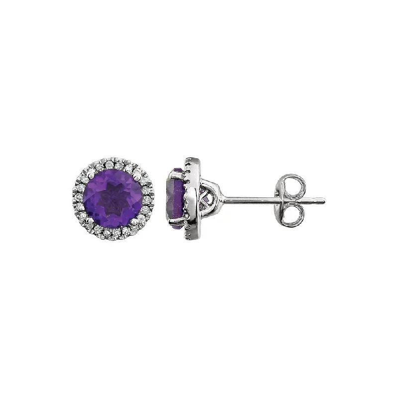 silver stud earrings for women -8mm Halo Style Amethyst & Diamond Earrings in 14k White Gold