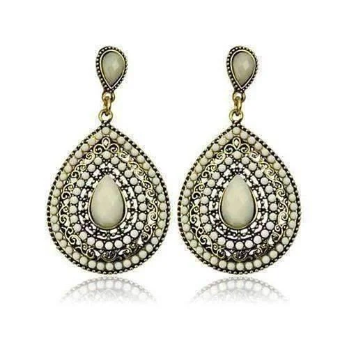 modern earrings for women -Beaded Filigree Drop Earrings in Creamy White