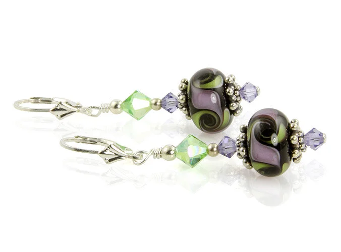 layered drop earrings for women -Green Cosmic Swirl Lampwork Earrings