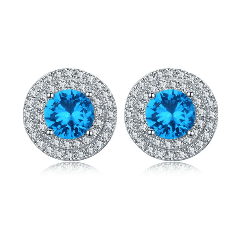 vintage-style earrings for women -Tropical Blue CZ Double Halo 14K White Gold Plated Stud Earrings for Woman