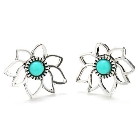 sterling silver drop earrings for women -Lotus Garden Turquoise Stud Earrings