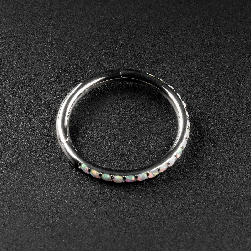 art deco rings for women -Edged Fire & Snow Synth Opal Titanium Hinged Segment Ring