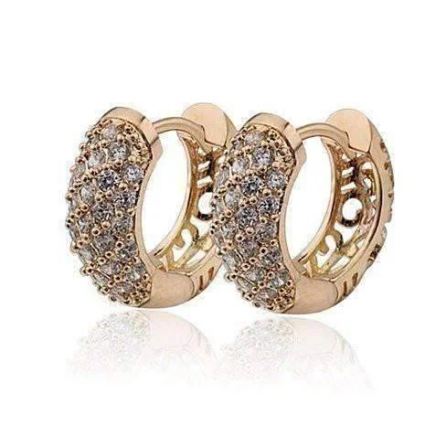 chic crystal earrings for women -Petite Diamond Pave 18K Yellow Gold Filigree Hoop Earrings For Woman