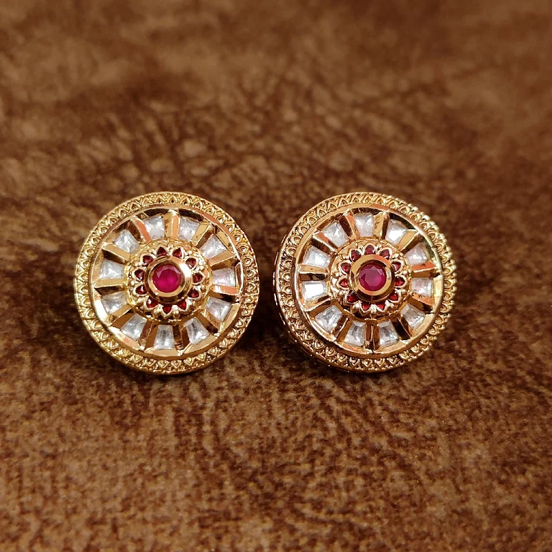 gold drop earrings for women -RED MEENAKARI FINE KUNDAN POLKI GOLD PLATED STUDS