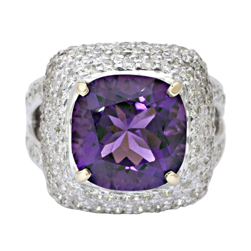 vintage engagement rings for women -Ring-Amethyst and Diamond