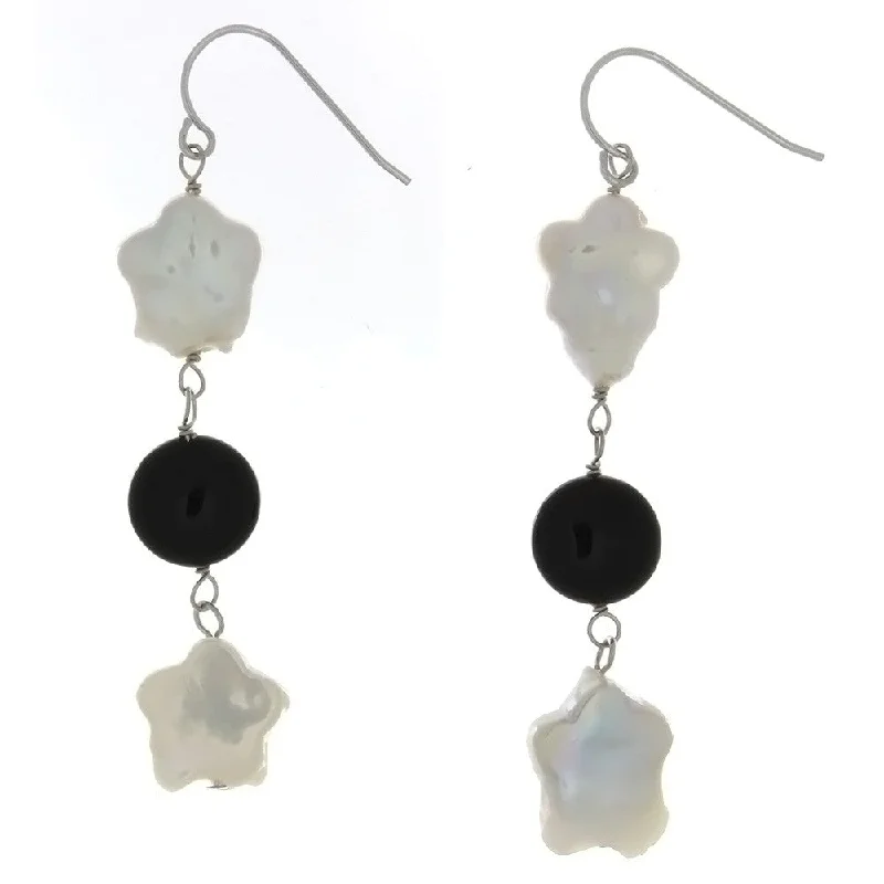 stud pearl earrings for women -DANGLE FRESHWATER PEARL & BLACK ONYX SS EARRINGS