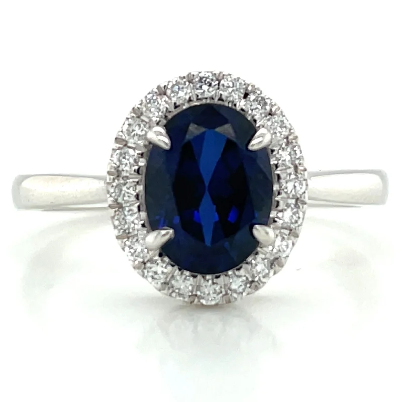 stackable engagement rings -14ct White Gold Laboratory Grown 1.63ct Oval Sapphire & 0.16ct Diamond Halo Ring