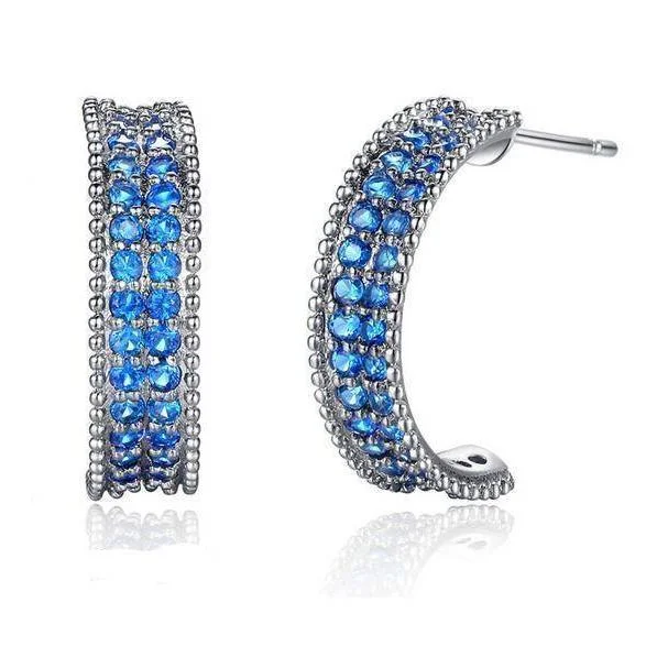 layered earrings for women -Blue Crystal Encrusted Half Hoop Earrings