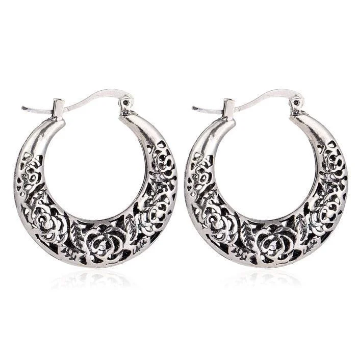 silver earrings for women -Etched Vintage Rose Hoop Earrings for Women