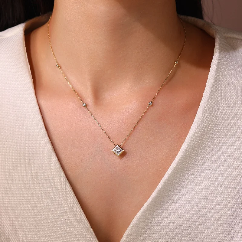 bridesmaid necklaces for women -Diamond by the Yard Necklace with Bezel Set Princess Diamond Pendant