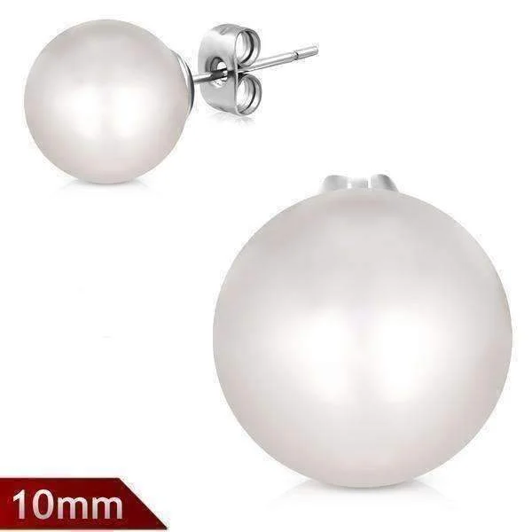 trendy stud earrings for women -Classic White Pearl Bead Solitaire Stud Earrings on Stainless Steel For Woman