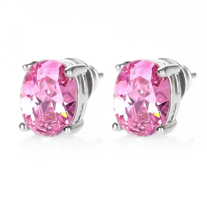 elegant drop earrings for women -Pink Ice Zirconia Oval Solitaire Stud Earrings