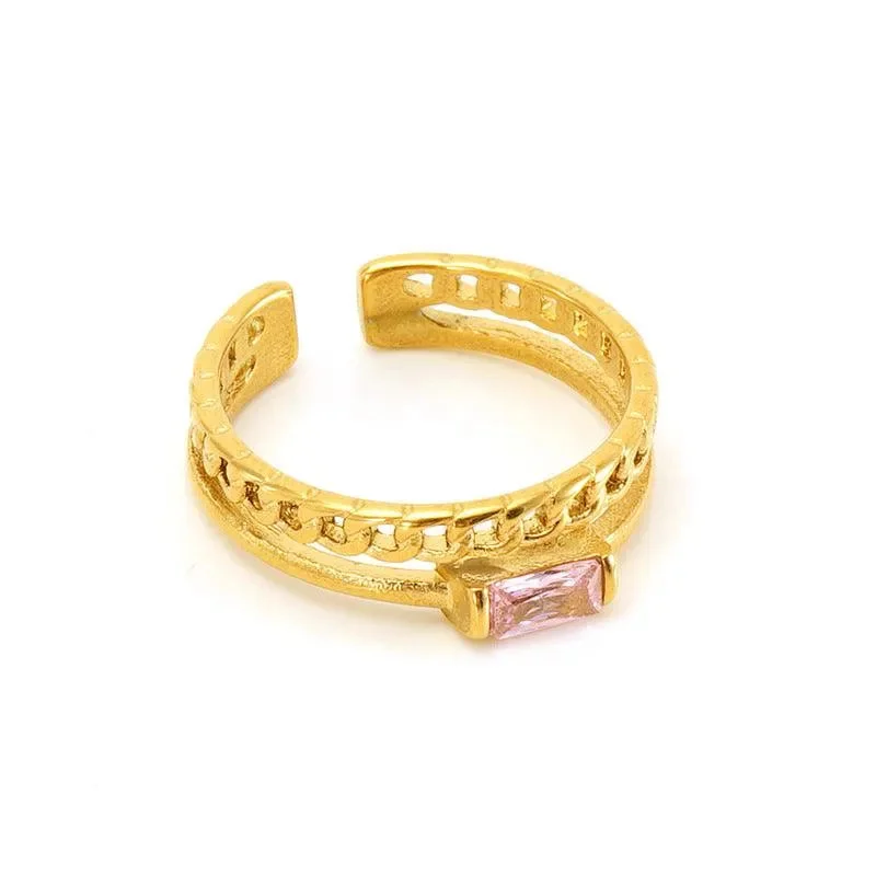 vintage gold rings for women -18K Gold Plated Pink Zircon Chain Ring