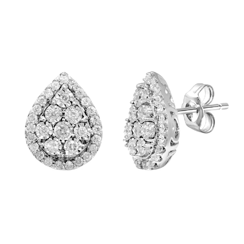 wedding drop earrings for women -9ct White Gold 0.50ct Diamond Miracle Pear Halo Stud Earrings