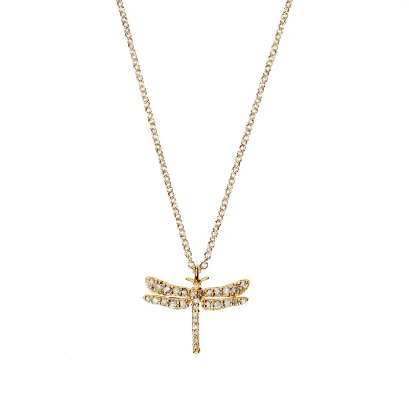 gemstone pendant necklaces for women -Dragonfly Gold Plated Necklace w. Diamond