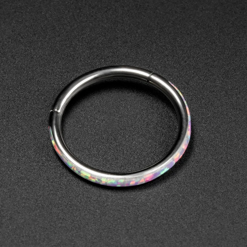 stackable wedding bands for women -Inlaid Flash Lavender Synth Opal Titanium Hinged Segment Ring