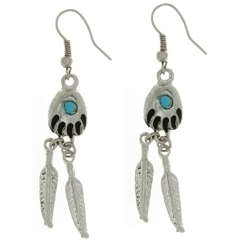 sterling silver earrings for women -DANGLE BEAR PAW & FEATHER W/ TURQUOISE EARRINGS