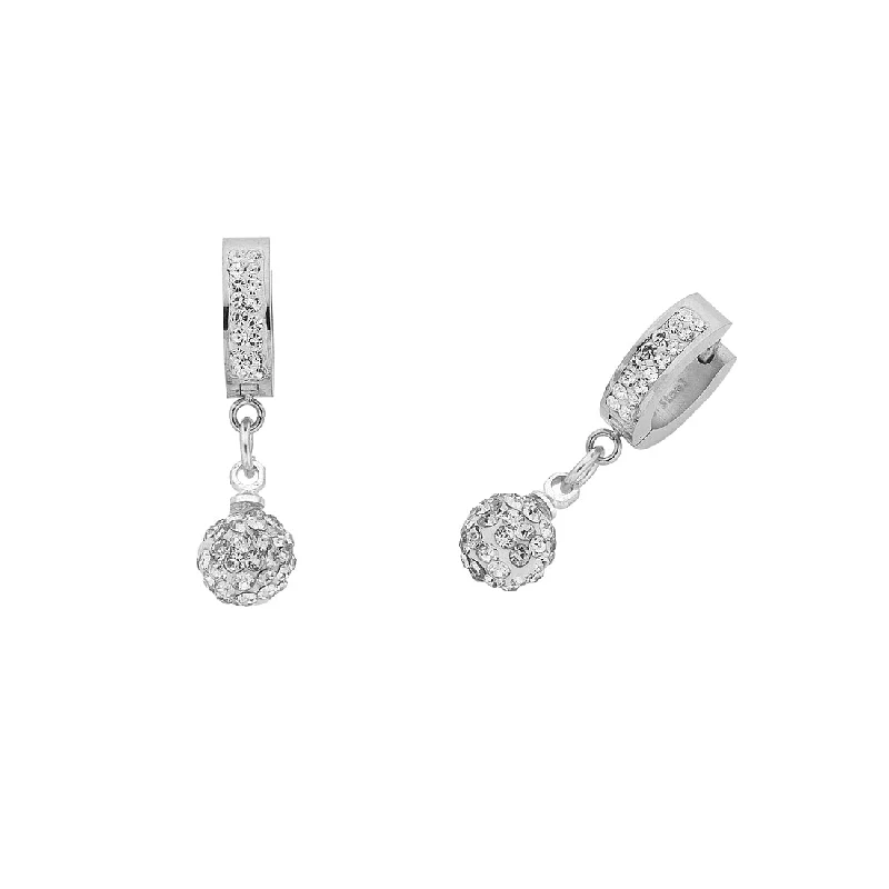 geometric earrings for women -Stainless Steel Hoop and Pave Crystal Ball Earrings