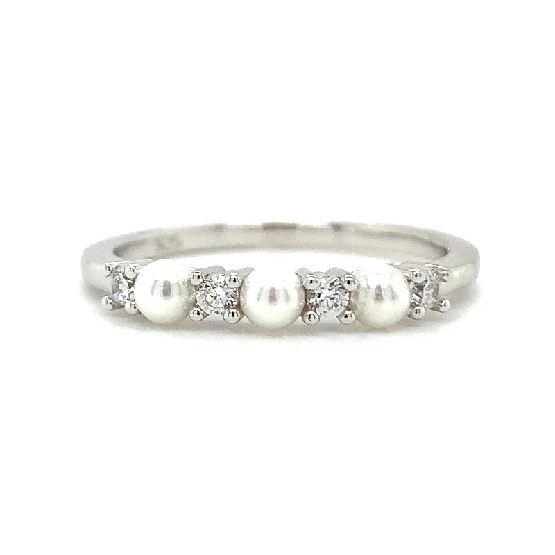 art deco rings for women -Sterling Silver Pearl & Cz Ring