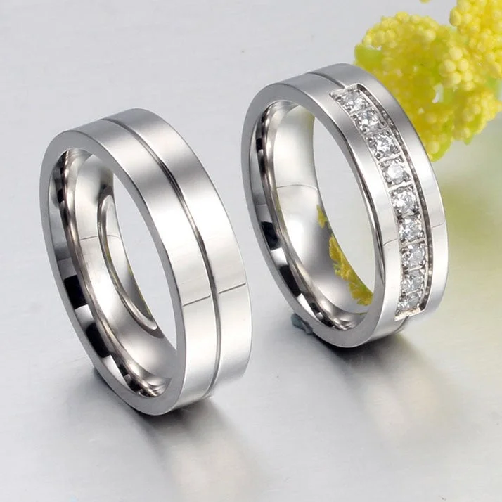 bohemian engagement rings -Round Cut Stone Titanium Steel Promise Ring for Couples