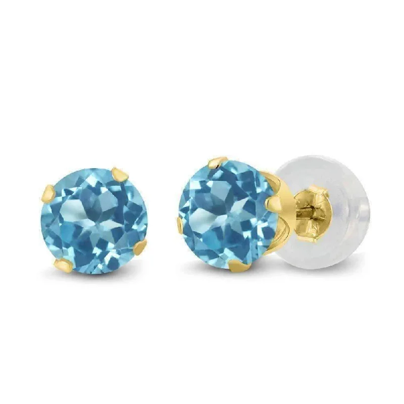 gemstone earrings for women -Genuine 1.20CTW Natural Blue Topaz 10K Yellow Gold IOBI Precious Gems Stud Earrings