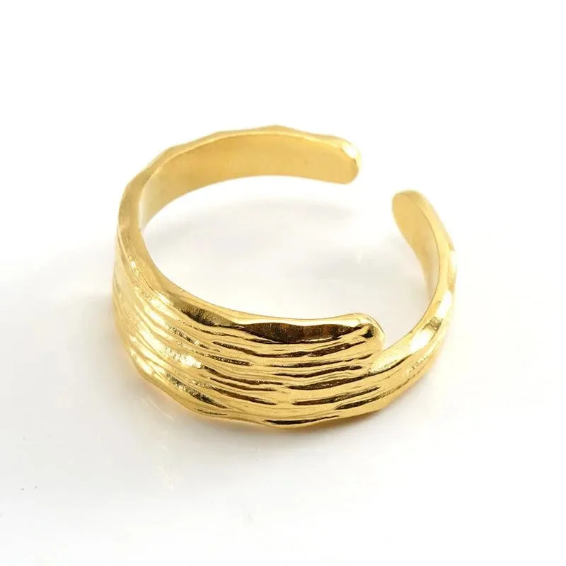 geometric rings for women -Textured 18K Gold Plated Adjustable Ring – Bold Stainless Steel Fashion Design