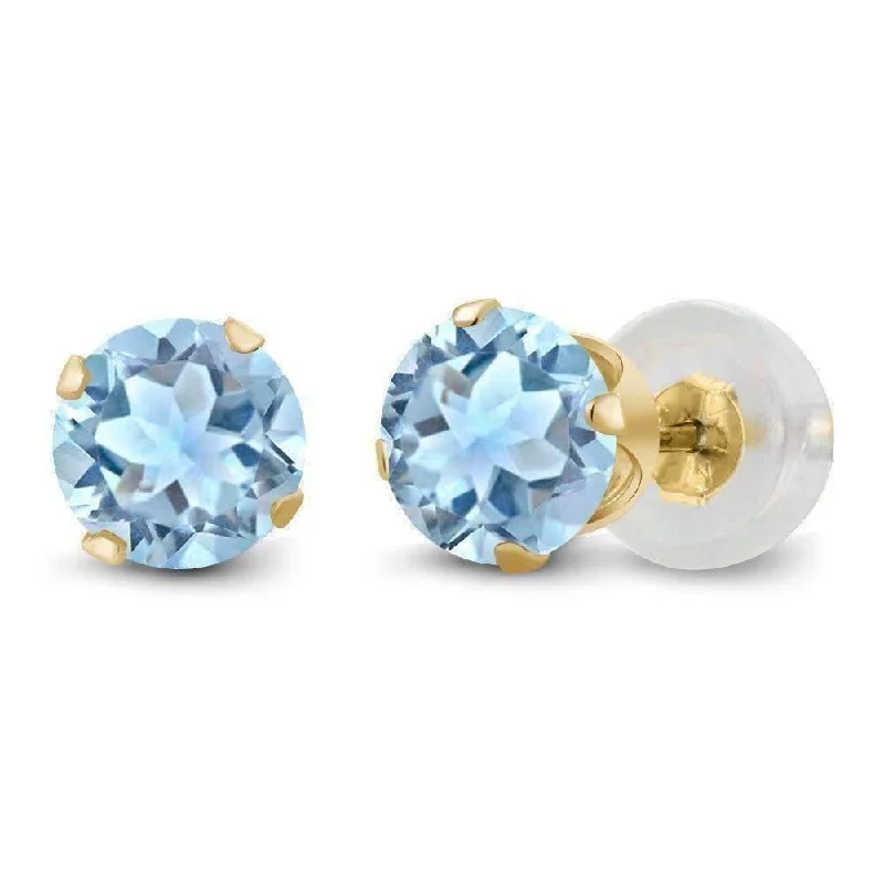 dangling pearl earrings for women -Genuine 1.20CTW Sky Blue Topaz 10K Yellow Gold IOBI Precious Gems Stud Earrings