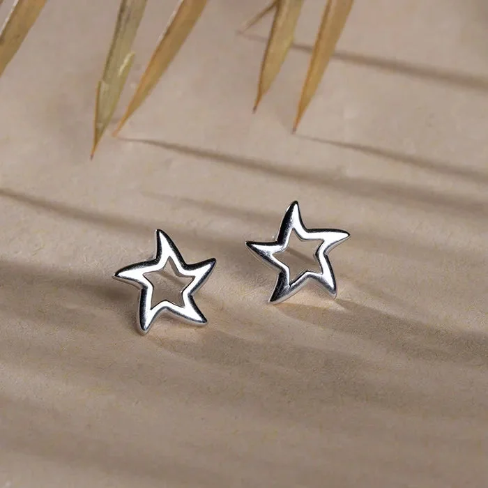 luxury hoop earrings for women -Solid Hollow Silver Star Tops