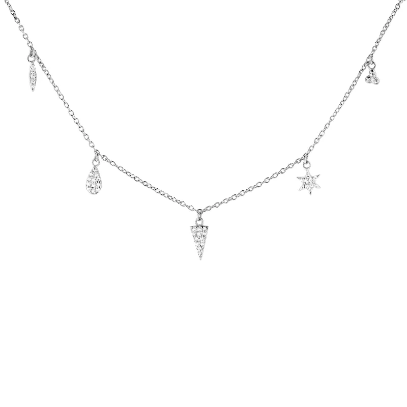 minimalist necklaces for women -5 Charm White Rhodium on Silver Necklace w. Zirconia