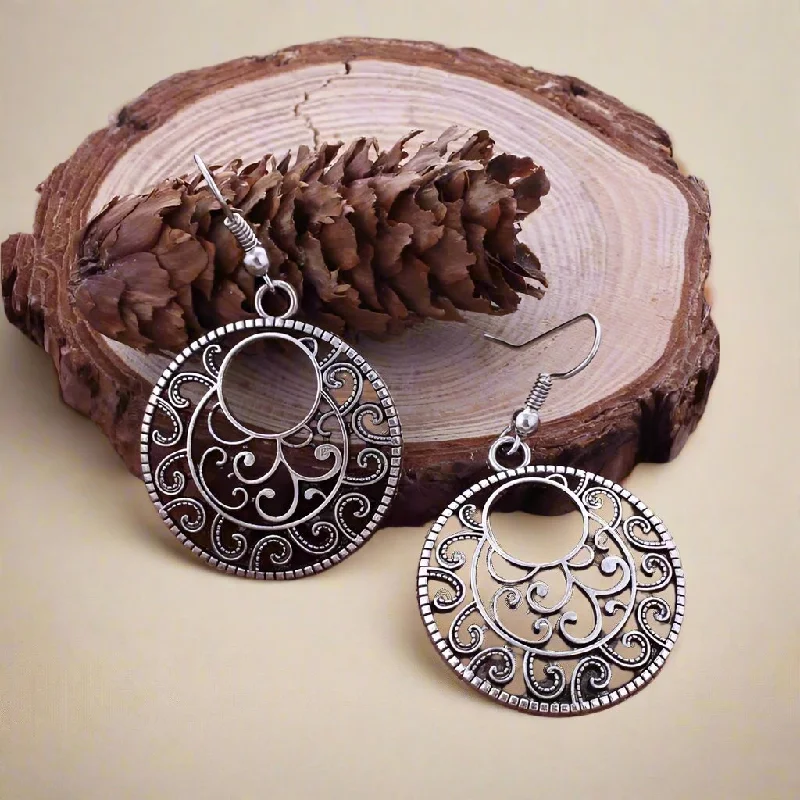 chic gemstone drop earrings -Round Boho Scroll Silver Patina Hook Earrings for Woman