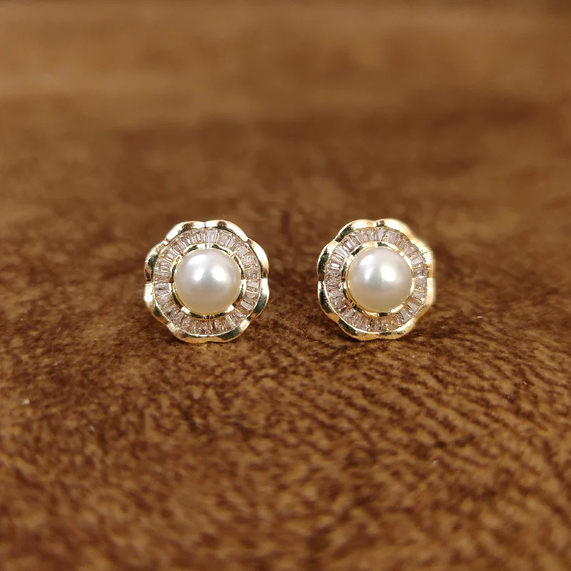 layered drop earrings for women -BAUGETTE STUDDED DIAMOND LOOK PEARL STUDS